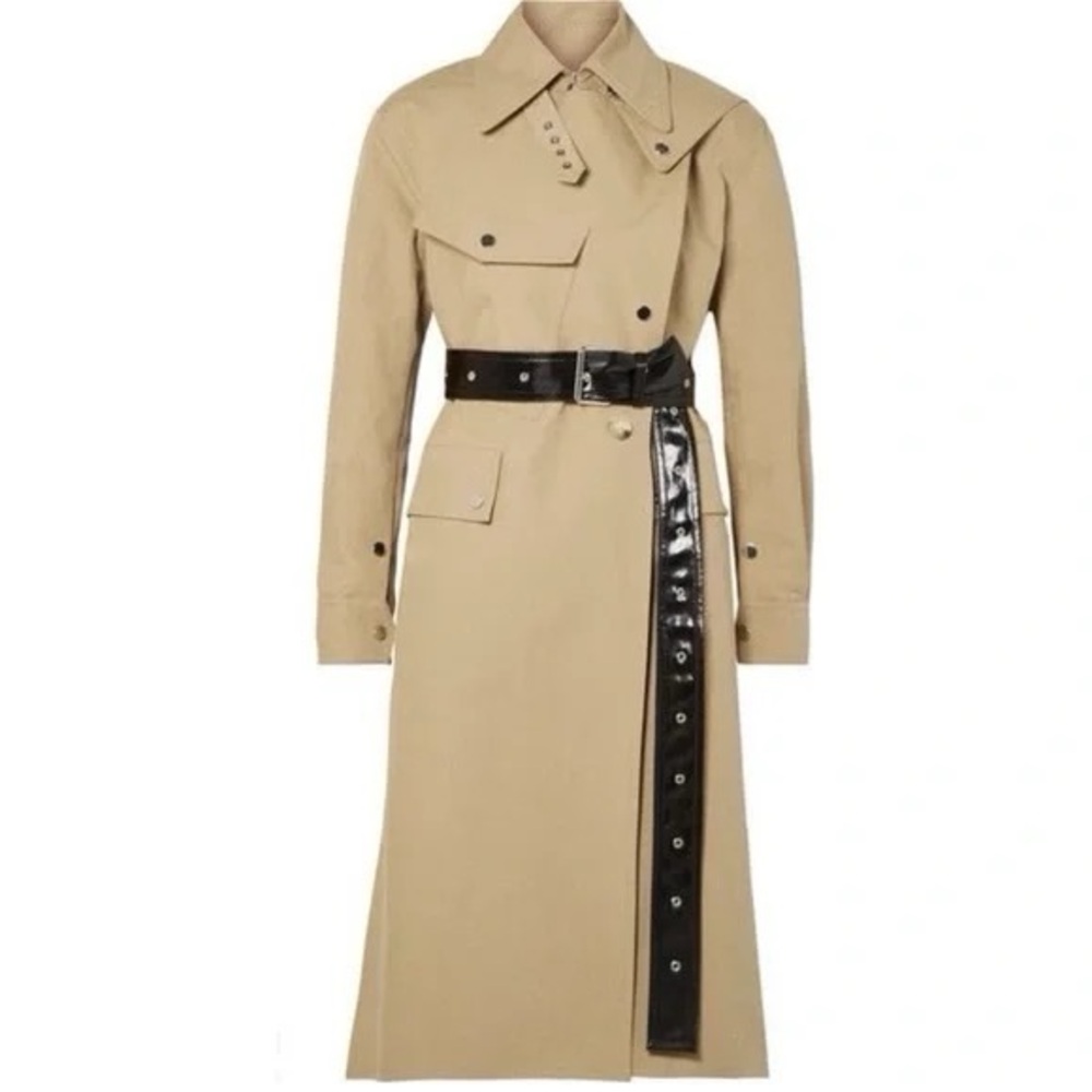 Helmut Lang beige tan cotton black belt utility trench coat